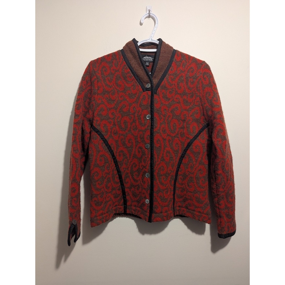 Icelandic Design Sweater Cardigan Women's Medium M Red Brown Swirl 100% Wool